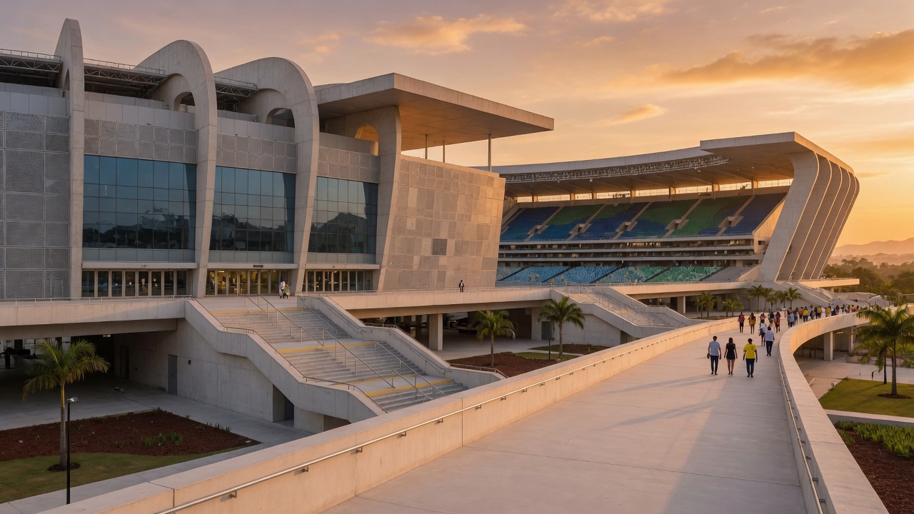 Vista externa de estádio moderno ao entardecer, iluminado por luz dourada