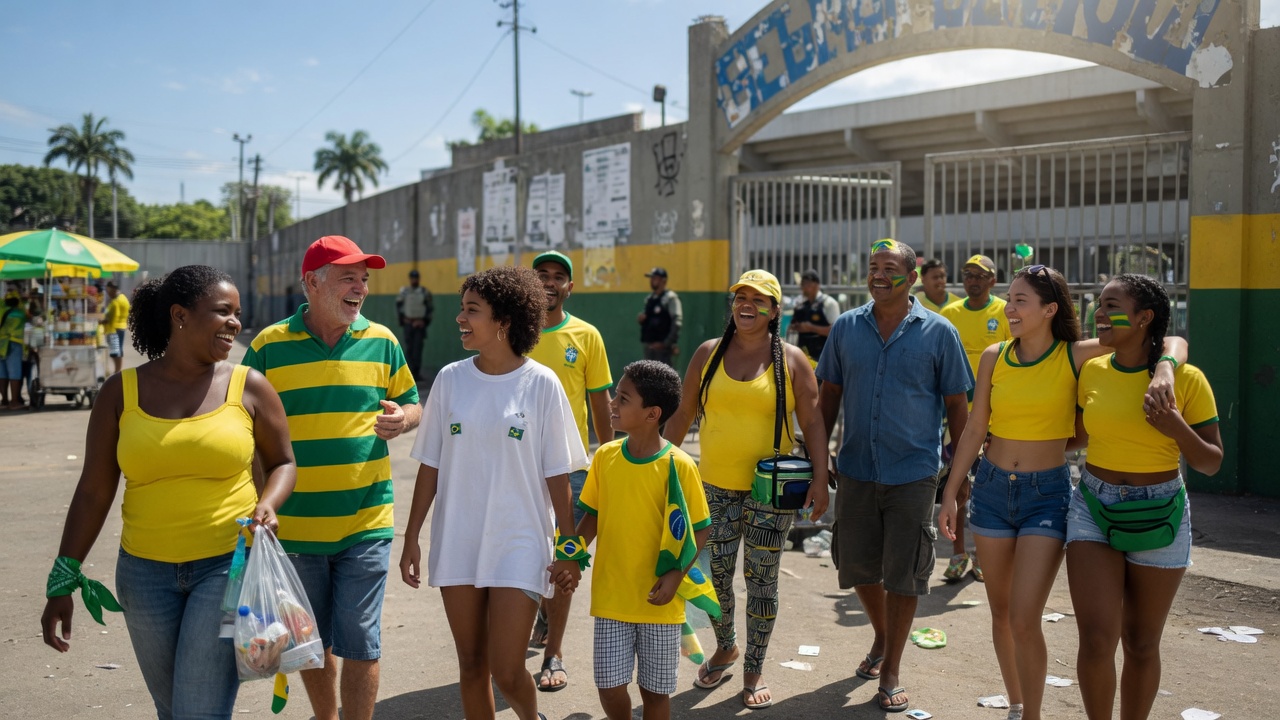 Pessoa segurando smartphone com ingresso digital em frente a catracas de estádio