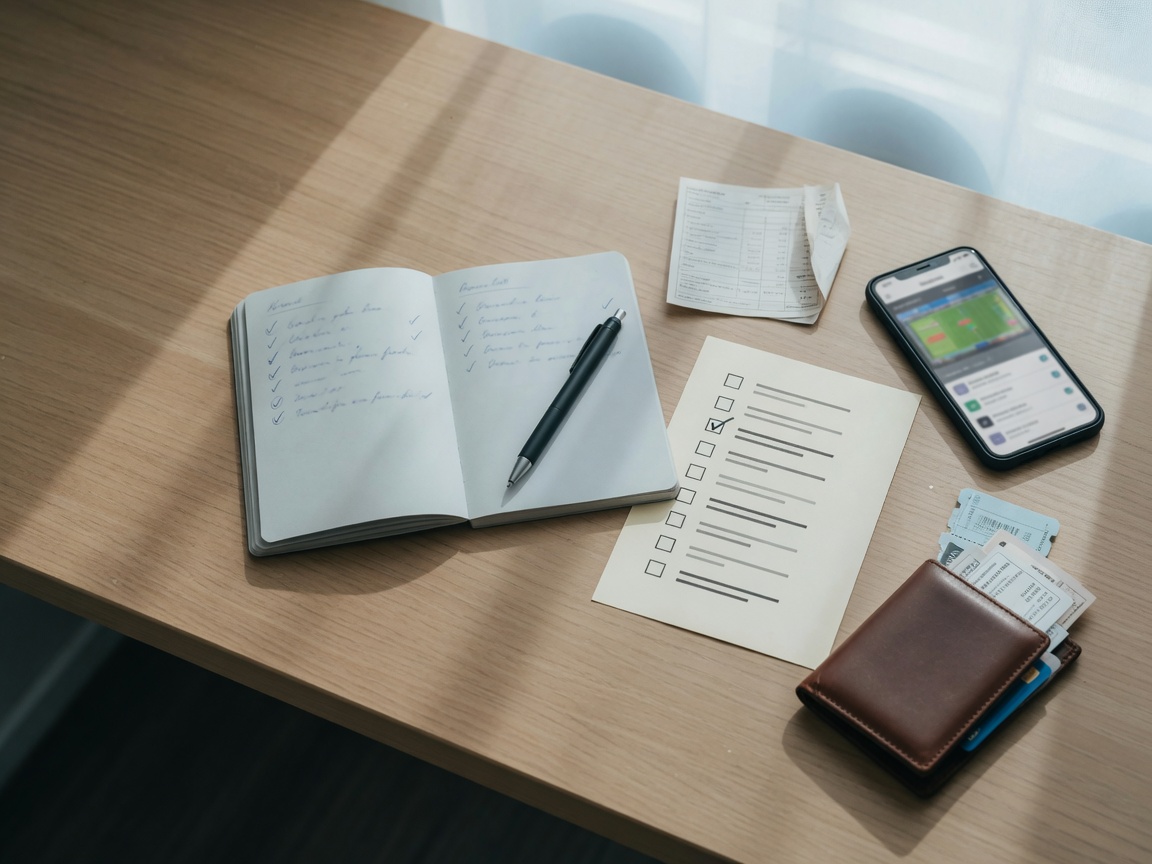 Mesa organizada com caderno, caneta e celular para planejamento de ida a evento esportivo